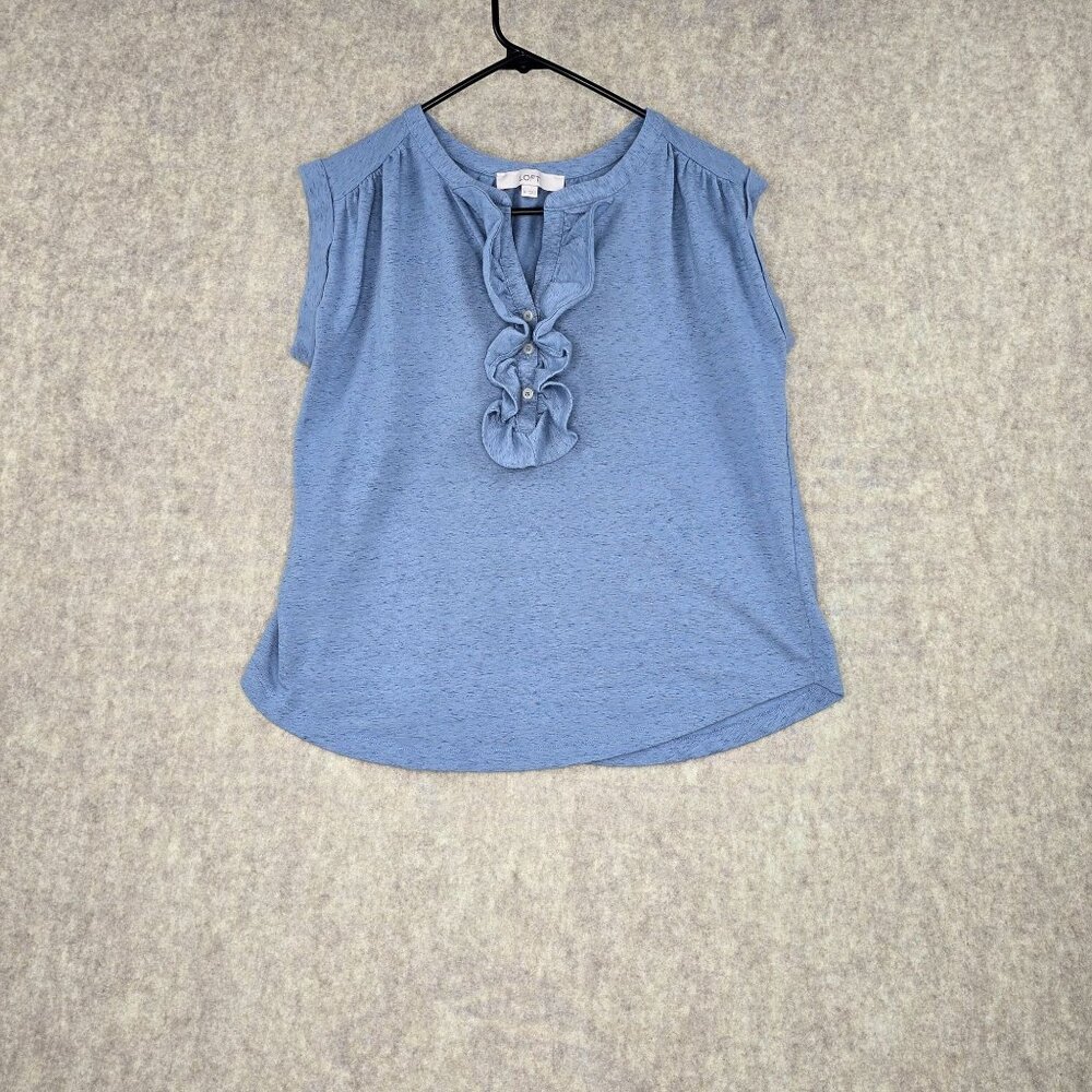 Loft Womens Sleeveless Ruffle Top Size M Blue Cotton Blend Machine Washable